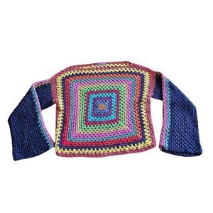 Rose carmine Navy multicolor long sleeve hand knit patch work sweater fits S-M g